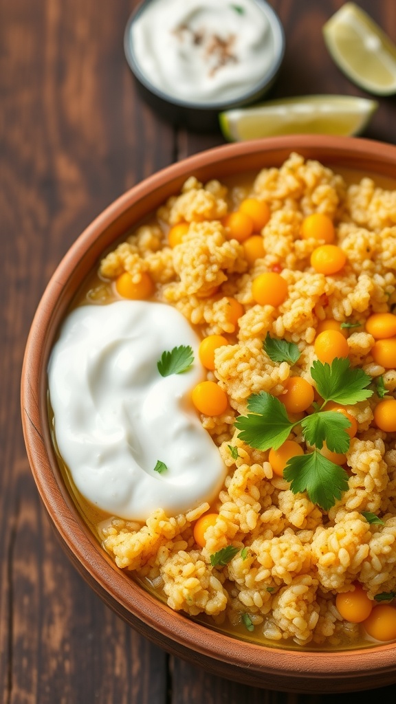 A bowl of quinoa khichdi with lentils and cilantro, served with yogurt and lime on a rustic table.